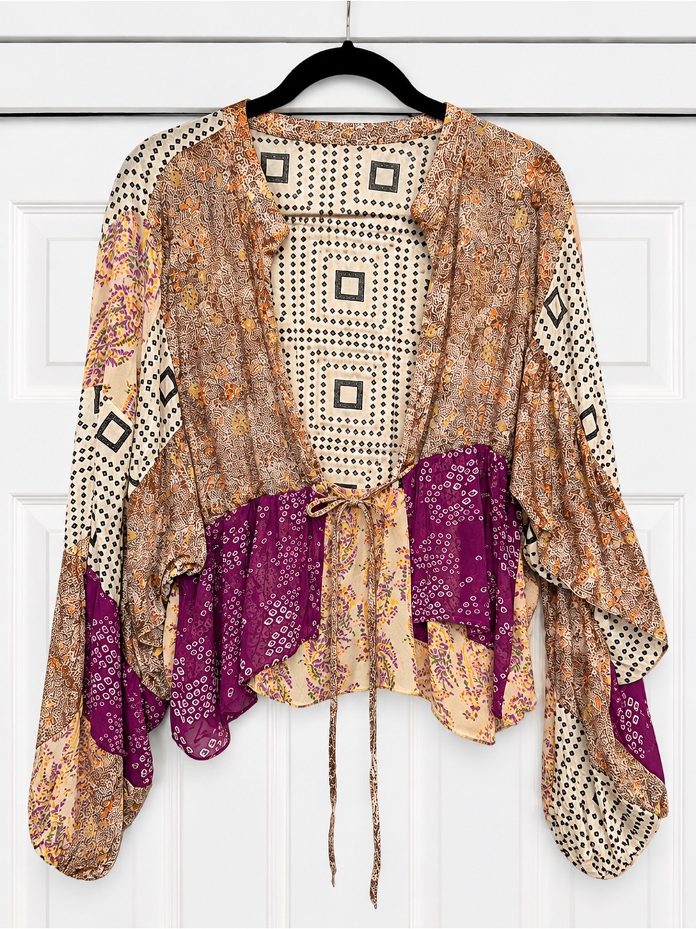 Zara Multi-Pattern Tie-Front Blouse - Purple, Cream & Brown